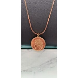 Aldo Gold Tone Herringbone Necklace With 2 Sided Faux Coin Pendant